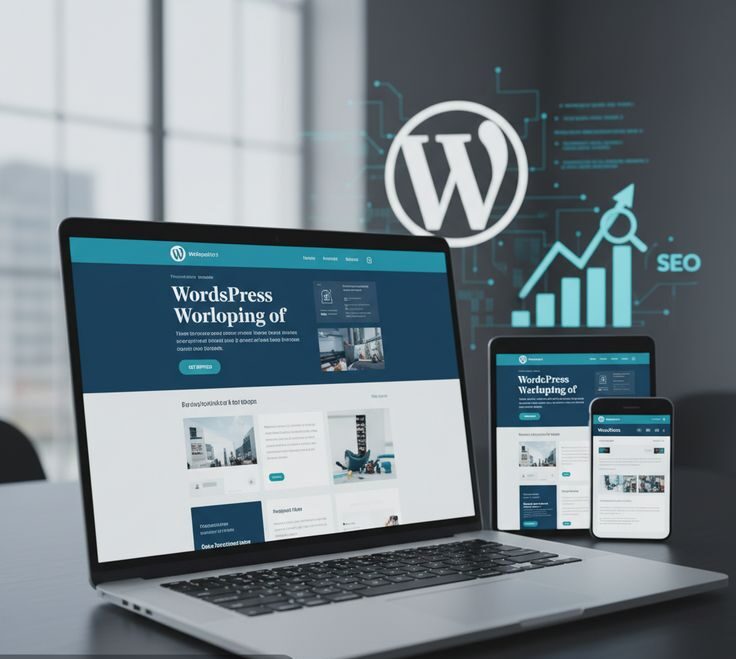 Responsive WordPress site displayed on laptop, tablet, and phone with WP logo and SEO chart in the background.