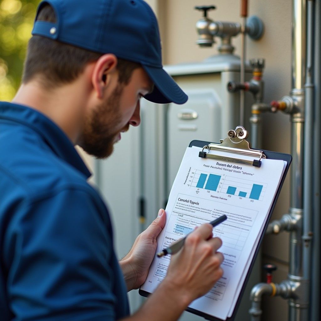 Technician in a blue uniform writes on a clipboard with charts beside industrial equipment.