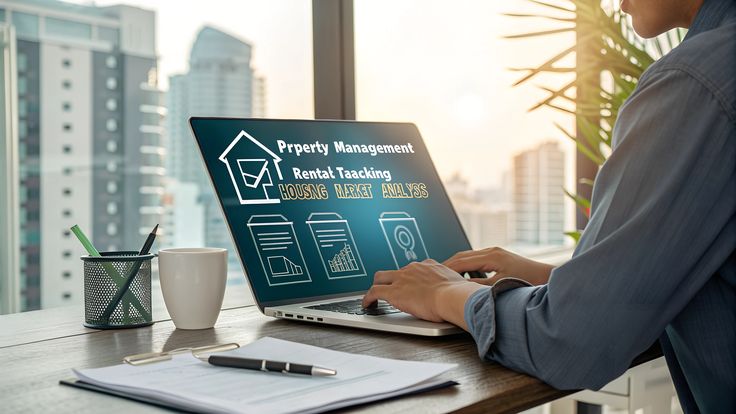 Person typing on a laptop displaying a property management dashboard about rental tracking, with a city skyline visible outside the window and desk items nearby (notebook, mug, pen holder).