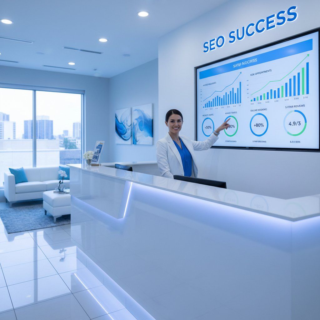 30f332b932b35817f01fda0bdb029724 - Kihan Marketing - Kihan Marketing Businesswoman in a white blazer points to an SEO dashboard on a wall screen in a modern reception area.