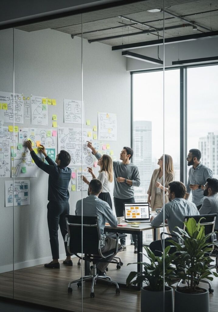 32213931101976e91f09205027f84e5c - Kihan Marketing - Kihan Marketing Team professionals stand around glass walls, adding sticky notes to large diagrams for a planning session.