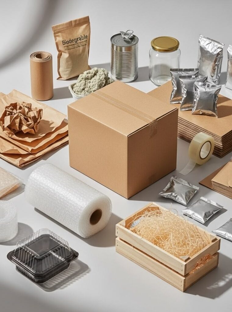 Assorted packaging materials on a white surface: cardboard box, kraft paper, bubble wrap, foam rolls, paper bags, tin can, glass jar, aluminum pouches, plastic clamshell, tape, and wooden crates with filler it.