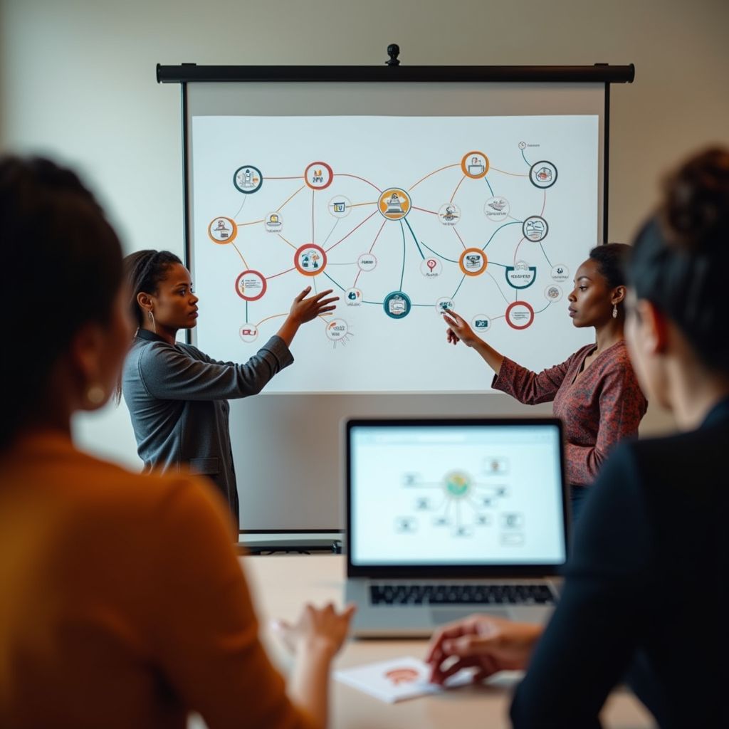 Team of colleagues presenting a large interconnected workflow diagram on a whiteboard screen during a meeting with a laptop nearby and others watching.