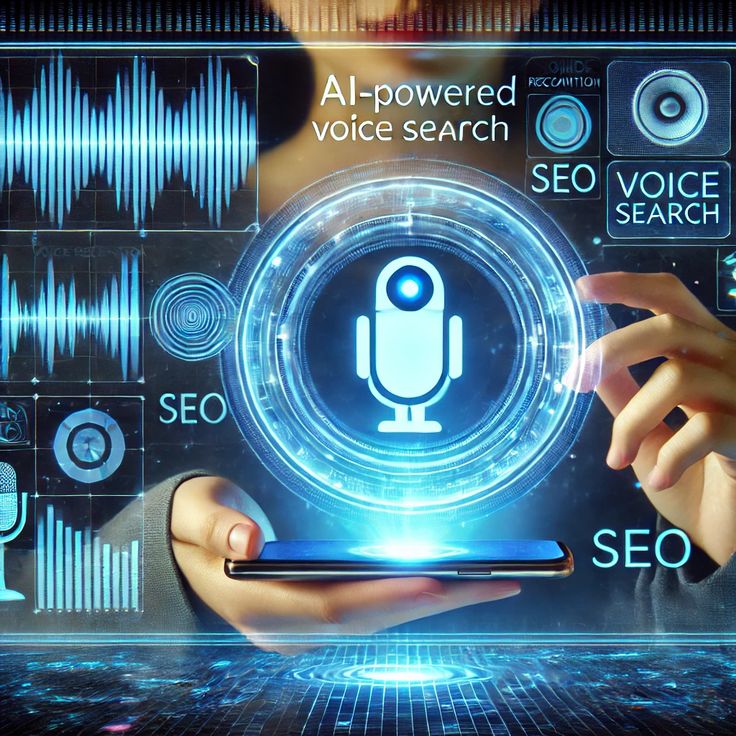 AI-powered voice search concept with holographic microphone icon and digital interface