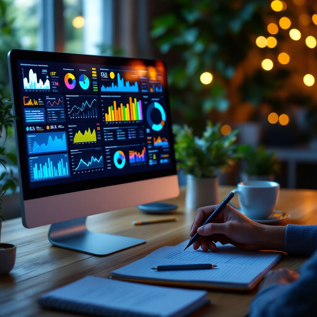 46c891e0565c033d0f3f21e79b49ce1d - Kihan Marketing - Kihan Marketing Desktop computer displaying colorful data dashboards while a person writes notes in a notebook at a wooden desk with a coffee cup nearby.