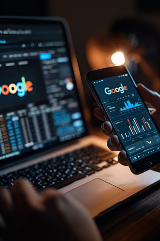 Close-up of a hand holding a smartphone displaying Google analytics dashboards with a laptop in the background showing data charts and branding.