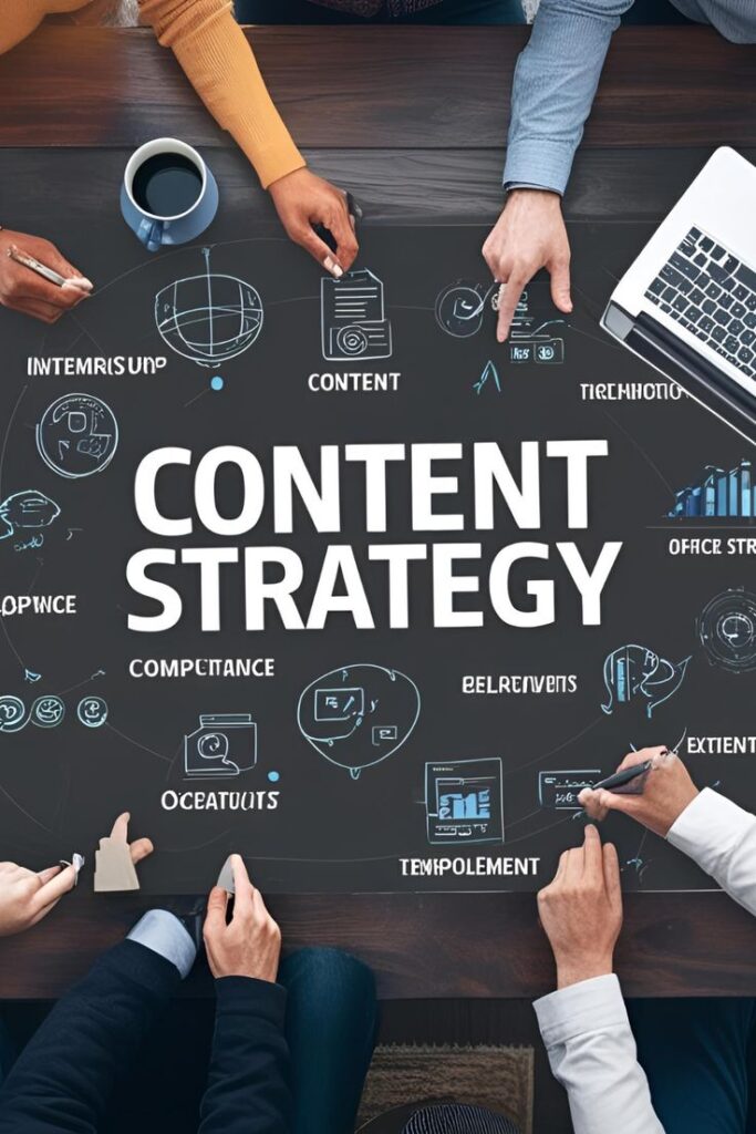 Top-down view of a chalkboard labeled 'Content Strategy' with hands drawing diagrams and a laptop nearby during a team meeting