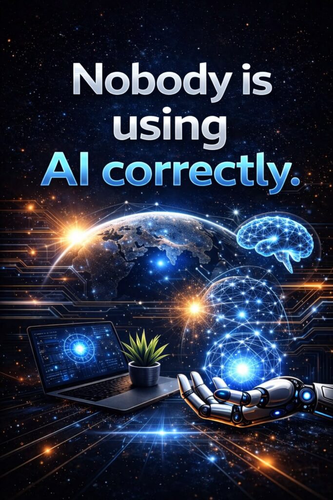 4f2a70e677bb00fd73a48c56f7a687c4 - Kihan Marketing - Kihan Marketing Robotic hand near a laptop with a glowing globe; caption: 'Nobody is using AI correctly.'