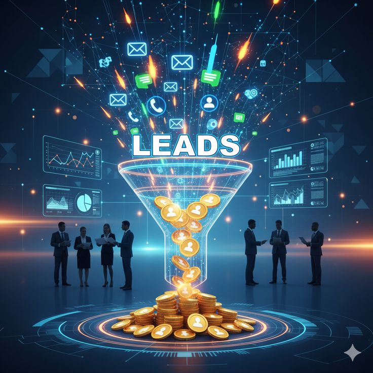 Glowing funnel funnels gold coins with user icons outward, symbolizing lead generation and business analytics beyond the scene.