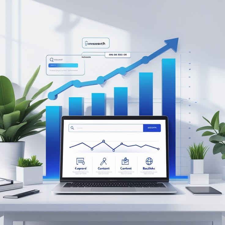 Laptop on a desk showing an analytics dashboard with a rising blue bar chart and an upward arrow in the background