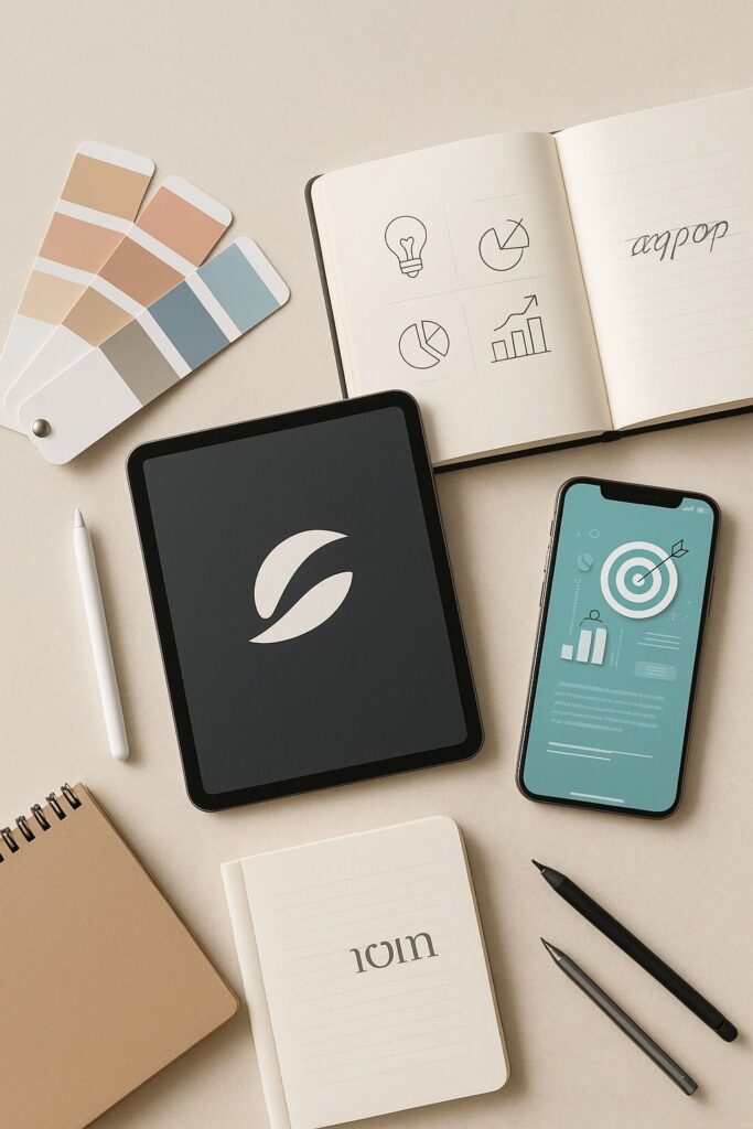 512c9cb29bf188c949149888ee0b445b - Kihan Marketing - Kihan Marketing Top-down view of a creative workspace: tablet with a logo, smartphone showing charts, open notebook with icons, color swatches, and pens.