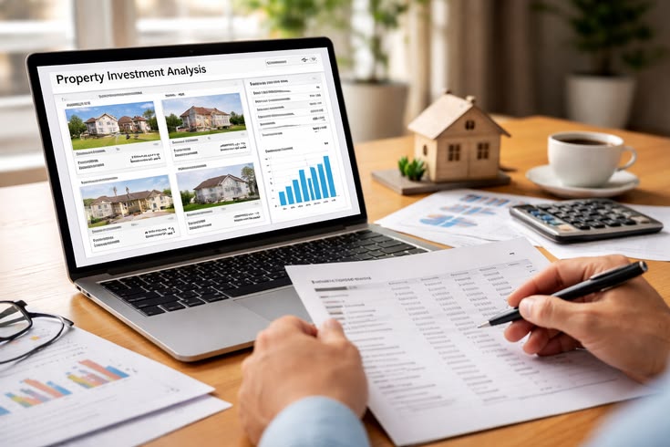Property investment analysis on laptop screen showing property photos and charts with a person reviewing printed reports at a desk.