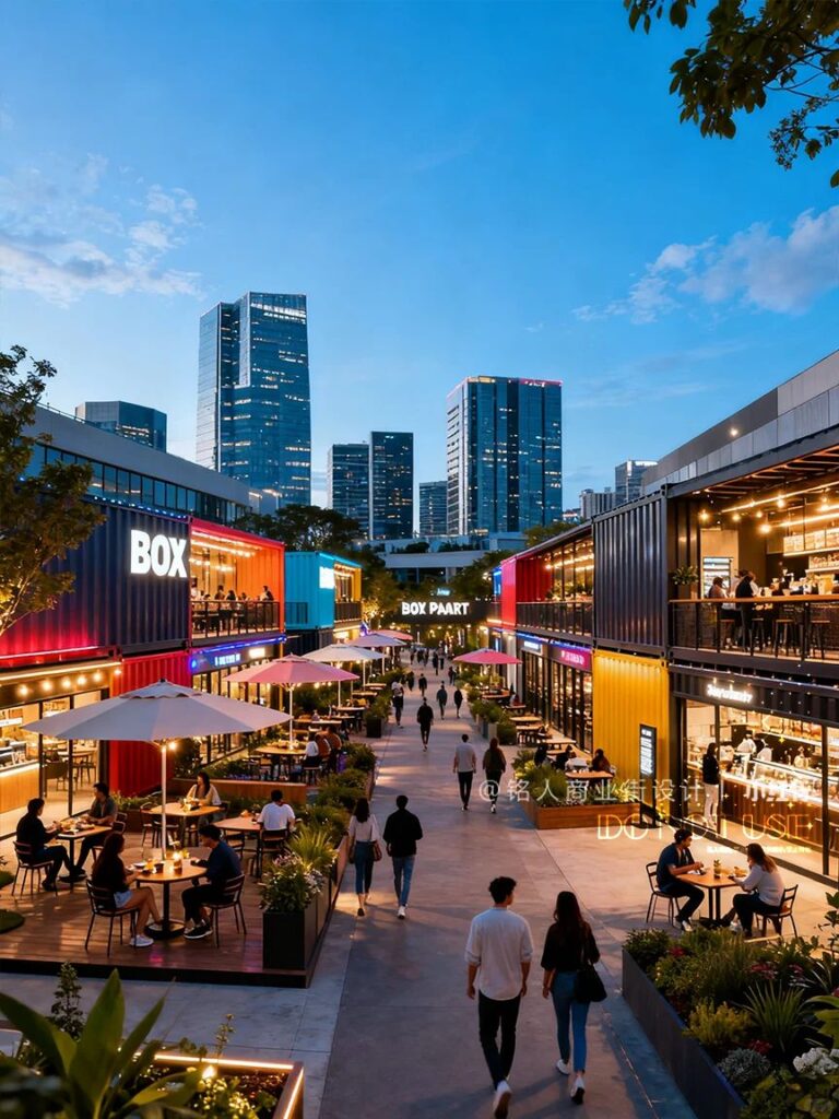 Open-air shopping complex built from colorful shipping containers, outdoor tables, and string lights with people strolling and high-rise buildings in the background, at dusk.