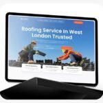 55b7b509cb24528c5c6aef7f2a620663 1 - Kihan Marketing Tablet on a stand showing a roofing service website with workers on a roof and the headline 'Roofing Service In West London Trusted'