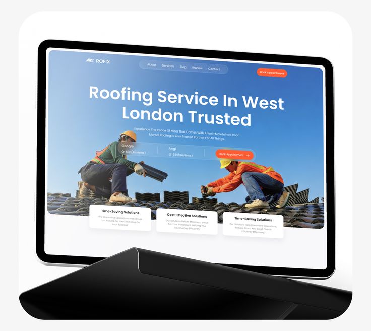Tablet on a stand showing a roofing service website with workers on a roof and the headline 'Roofing Service In West London Trusted'
