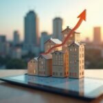 562e169e08f77421f9eedd0ea1855116 - Kihan Marketing Miniature houses arranged on a tablet with a rising red arrow, illustrating real estate growth.