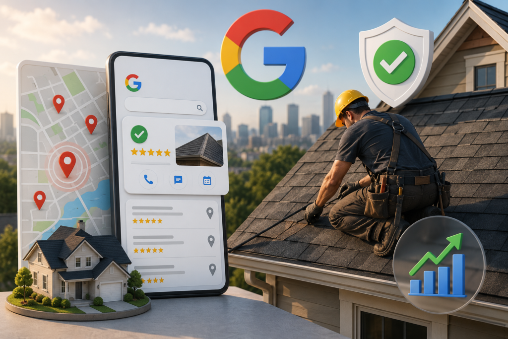 Local SEO for home services: a roofer on a roof beside a giant smartphone showing maps, reviews, and ratings with a Google logo in the background.