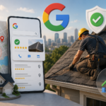 56e3abc1-e350-4399-ae2a-ad93e06798b7 - Kihan Marketing Local SEO for home services: a roofer on a roof beside a giant smartphone showing maps, reviews, and ratings with a Google logo in the background.