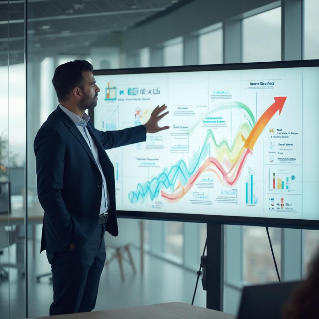 Businessman in a suit presenting growth metrics on a large screen with colorful rising arrows and charts in a modern office.
