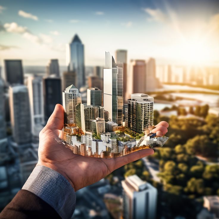 Hand holding a small, detailed city model with skyscrapers, set against a blurred urban skyline at sunset.