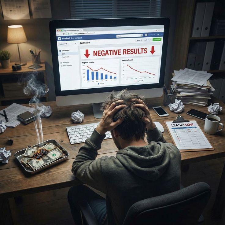 Person sits at a cluttered desk, hands on head, looking at a monitor showing 'NEGATIVE RESULTS' and charts, with crumpled papers and money around.