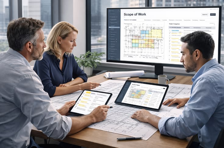 Team of three professionals discusses project data, viewing charts on a large monitor and on tablets over blueprints and papers on the table.