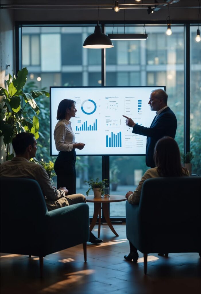 Two professionals in a modern office discuss charts on a large screen during a presentation.