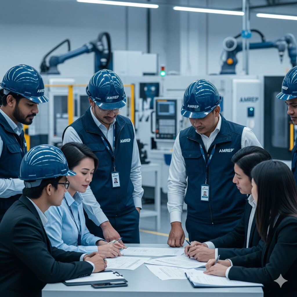 Engineers in blue hard hats and vests review documents at a factory table, coordinating a project.