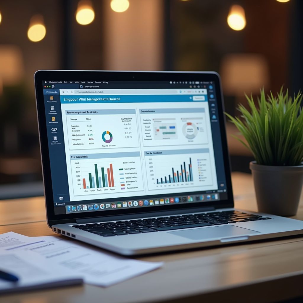 Laptop on a wooden desk showing a multi-chart analytics dashboard with graphs and charts, next to a potted plant.