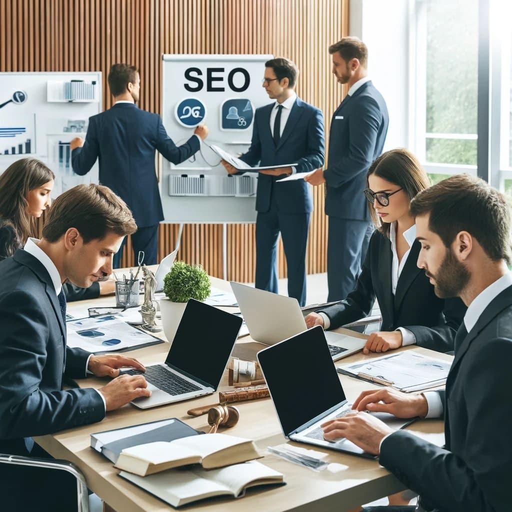 Team of professionals in suits collaborate around a table with laptops, charts, and an SEO presentation on a whiteboard labeled 'SEO'.