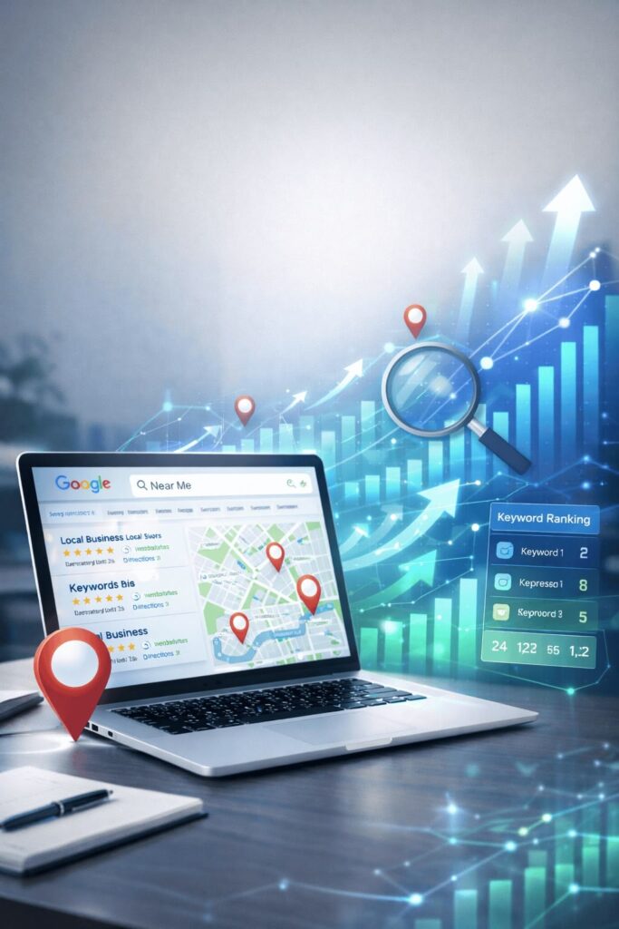 Laptop displays local search results and a map with red location pins, overlaid by upward-trending data arrows and a magnifying glass.