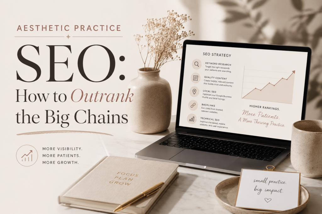 Hero image for an SEO article: large 'SEO' title with 'How to Outrank the Big Chains' on a beige desk, a laptop showing a strategy chart beside a vase and notebook.