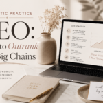 669e3acc-2909-4345-a2c3-49d23e334f46 - Kihan Marketing Hero image for an SEO article: large 'SEO' title with 'How to Outrank the Big Chains' on a beige desk, a laptop showing a strategy chart beside a vase and notebook.