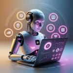 68a9d560a790566204a15fa7039ae085 - Kihan Marketing Robot working on a laptop with glowing AI interface icons and holographic data circles around it.