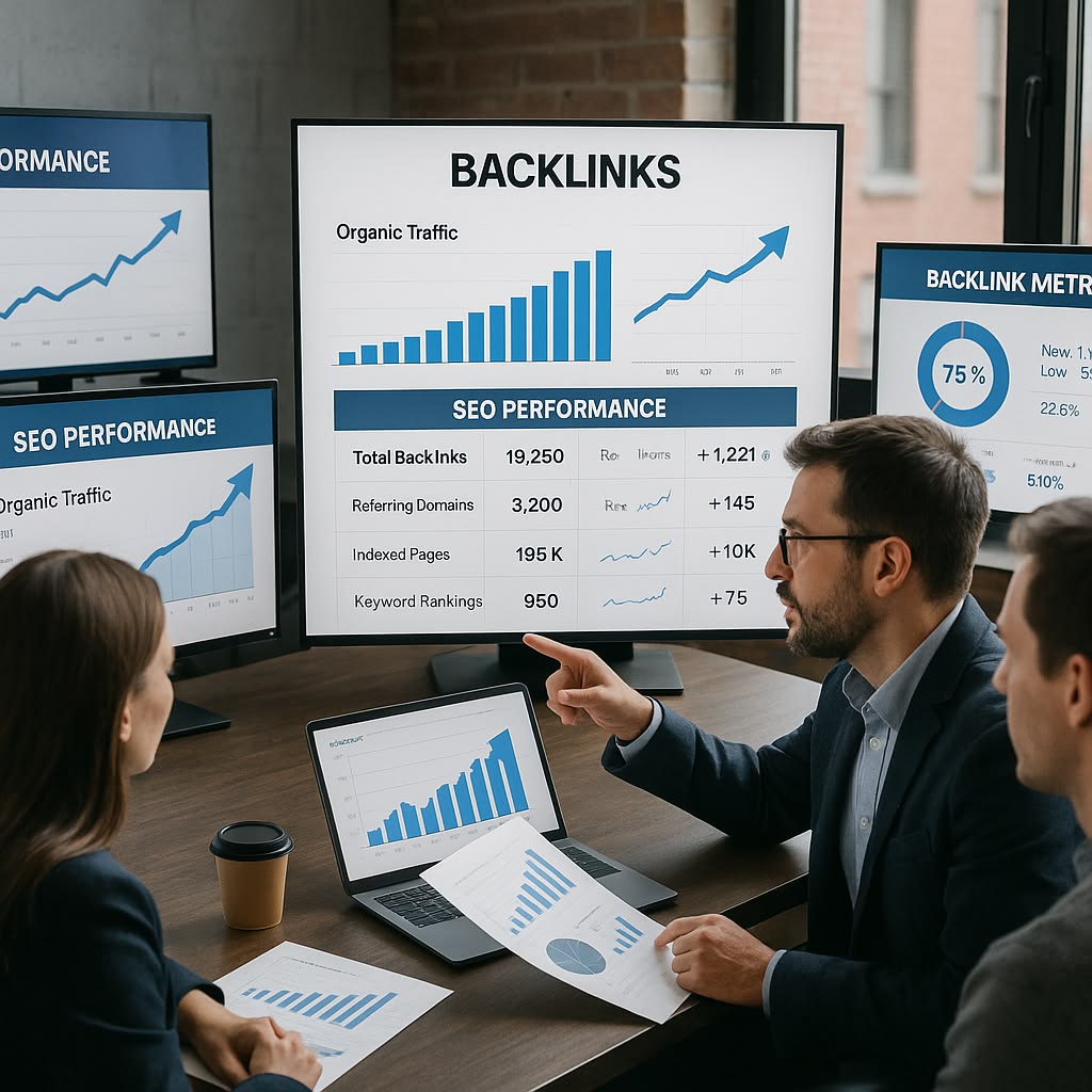 Team of professionals at a meeting analyzing SEO dashboards showing Backlinks and performance charts on multiple screens.