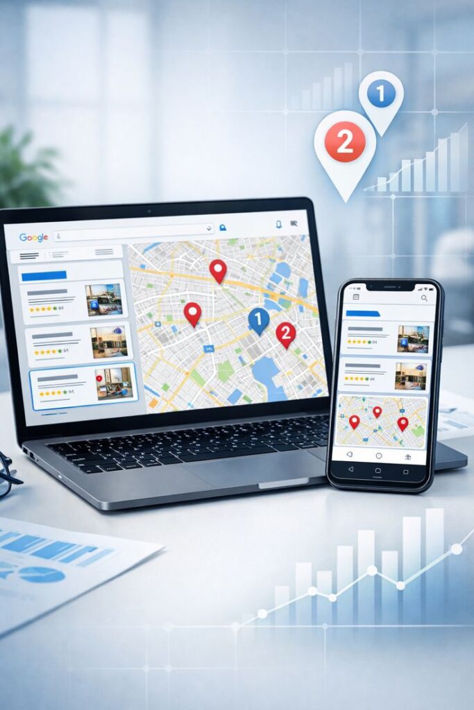 Laptop and smartphone show a map with red pins marking locations and overlaid data visuals in the background.