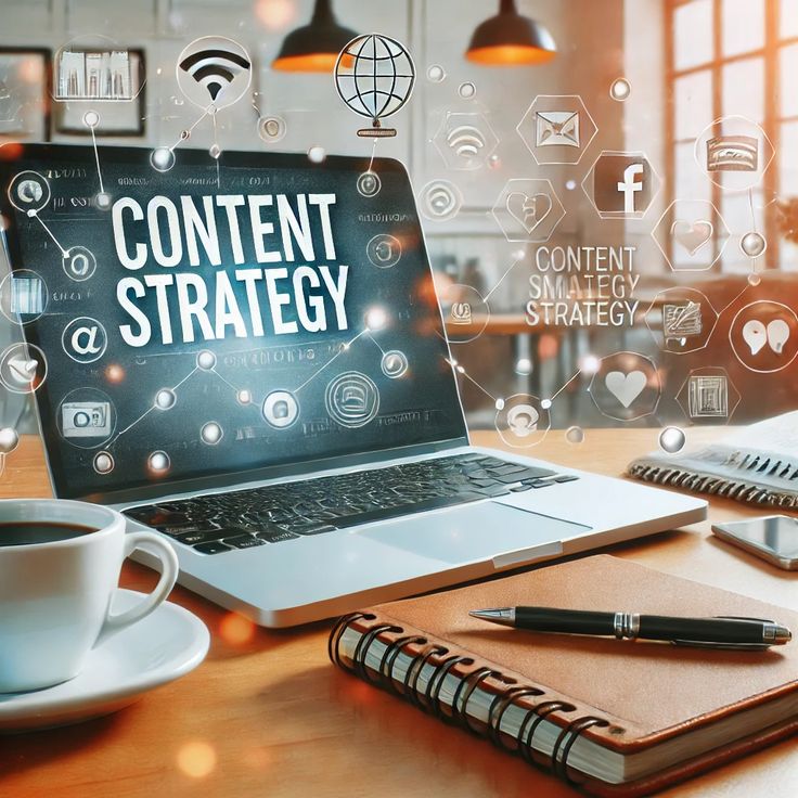 Laptop screen reads 'Content Strategy' with floating icons, notebook and pen on the desk, and a coffee cup nearby.