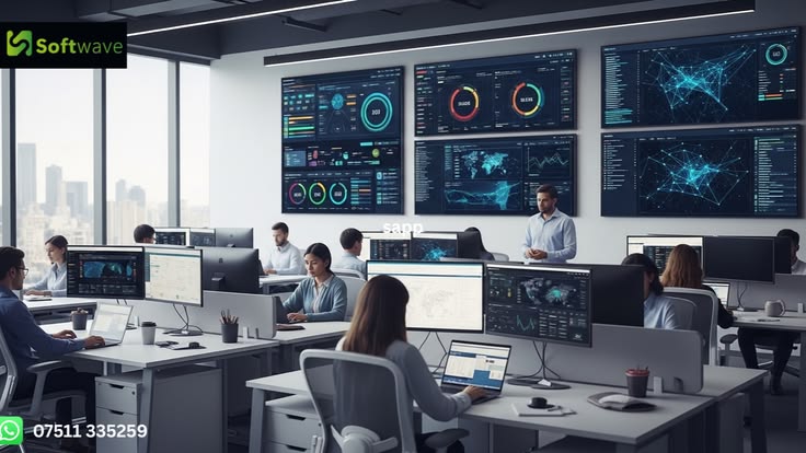 Open-plan data operations center with employees at desks, workstations, and wall-mounted dashboards displaying analytics and maps.