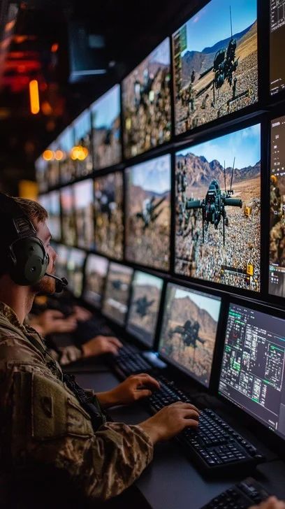 Soldier in camouflage with headset sits at a multi-monitor command station, watching desert battlefield footage and drone images on the screens.