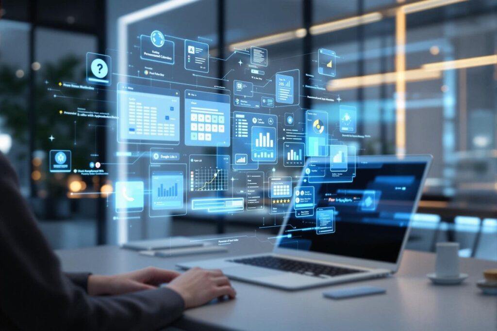 Person sits at a desk with a laptop and floating holographic charts and icons displaying data.