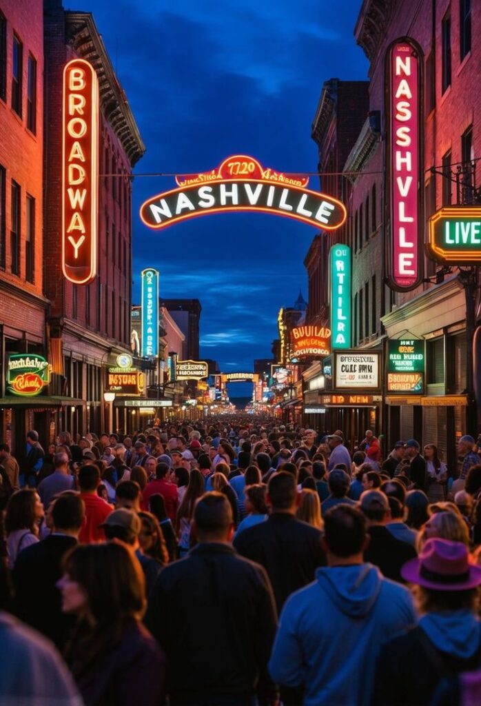 Crowded neon-lit Broadway street in Nashville at night with the glowing Nashville arch sign overhead.