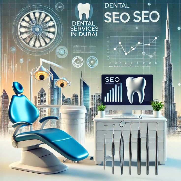 Futuristic dental clinic scene with a blue dental chair, white cabinets, and a monitor displaying a tooth and SEO graphs in a city backdrop.