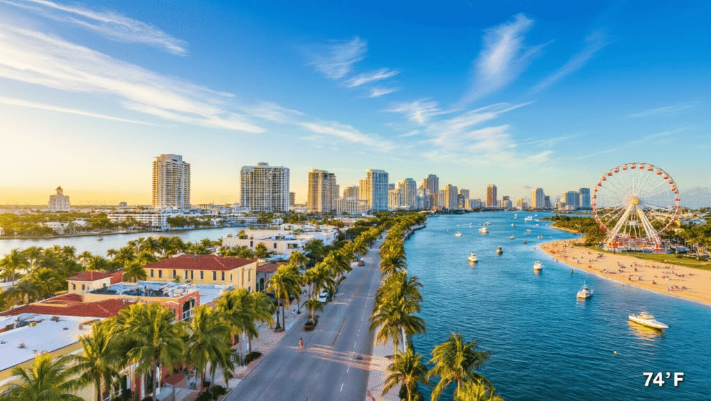 Aerial view of a tropical coastal city with a river, high-rise buildings, a ferris wheel, boats, and palm-lined streets; 74°F