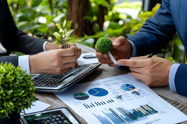 Two professionals examine a small leafy plant and a moss ball beside charts and a laptop on a wooden table.