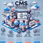 8970cb12a9beac1d81f3812c0cc408f4 - Kihan Marketing Graphic infographic about CMS website development for businesses with devices and SEO icons, emphasizing fast design and built-in SEO tools.