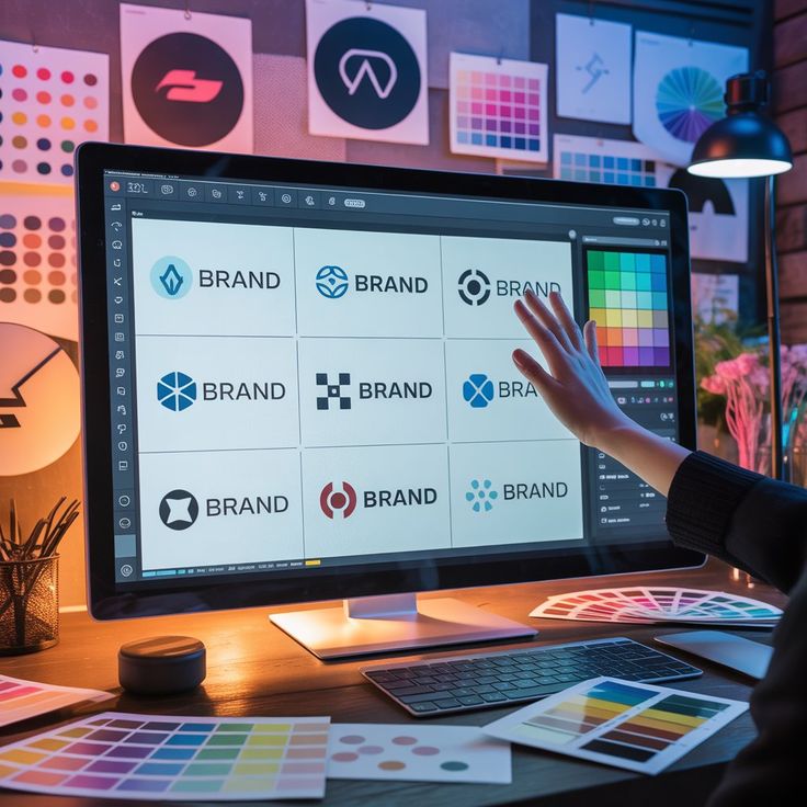 Designer’s monitor displays a grid of brand logos for identity exploration in a color-and-identity studio.
