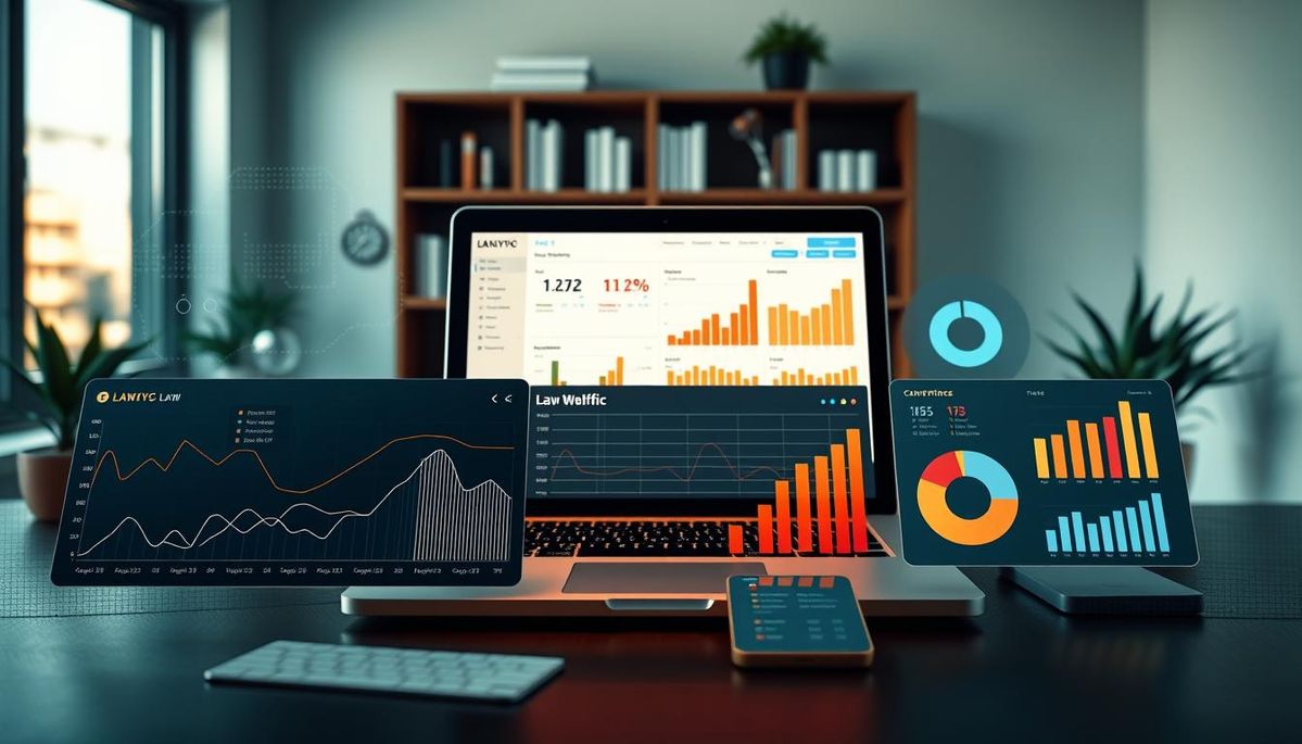 Multiple screens on a desk displaying colorful charts and dashboards for data analytics, in a modern office setting.