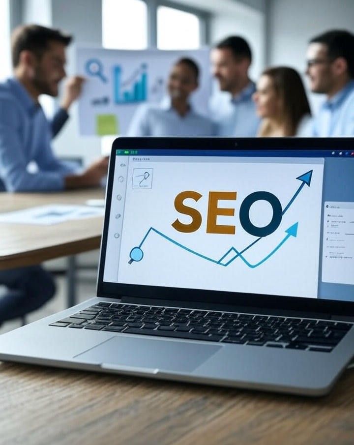 907c721a31f613ddd05251fe9dfdd3fc - Kihan Marketing - Kihan Marketing Laptop screen shows the word SEO with upward-trending arrows as a team discusses in a blurred meeting room background.