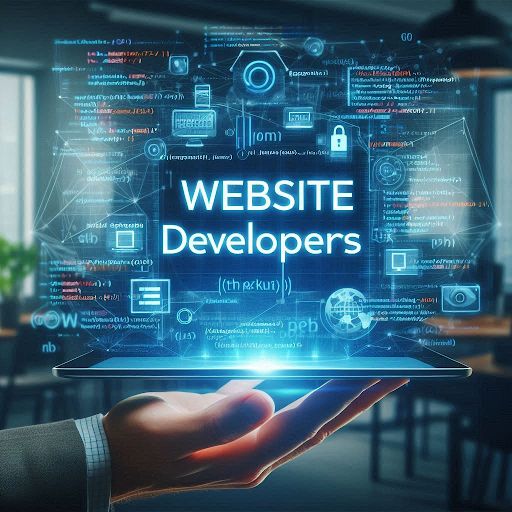 Hand holding a tablet with a glowing holographic display that reads 'WEBSITE Developers' and shows code and icons in the background.