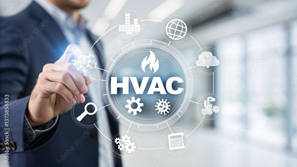 HVAC concept: a person in a suit touches a holographic circular interface with HVAC icons (flame, gears, globe, cloud).